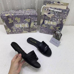 Christian Dior Dway Slide Flats Metallic Black Embroidered Signature Logo With OG Box & Carry Bag 1890-60 Black