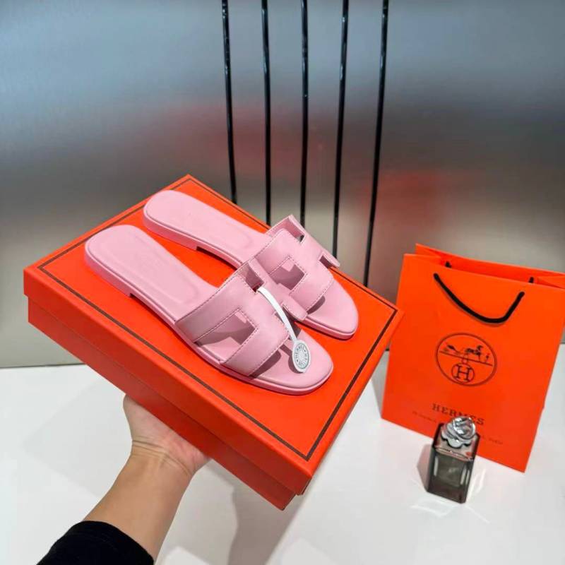 Hermes Paris Oran Pink Flats For Her With OG Box & Carry Bag Slide Pink