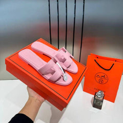 Hermes Paris Oran Pink Flats For Her With OG Box & Carry Bag Slide Pink