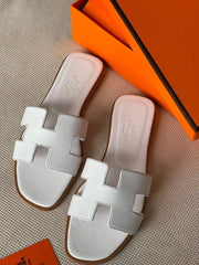 Hermes Paris Oran White Flats For Her With OG Box & Carry Bag Slide White