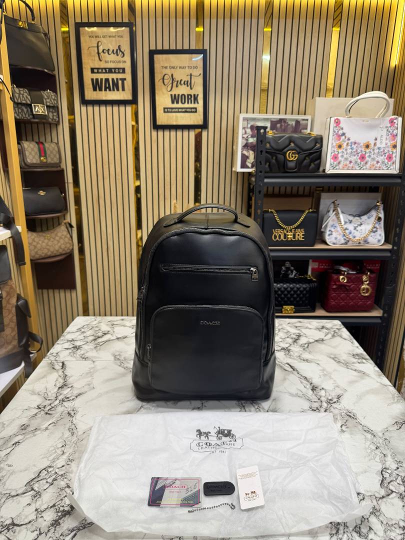 Coach Ethan Black Leather Backpack with Front Zip Pockets & Dust Bag (888)