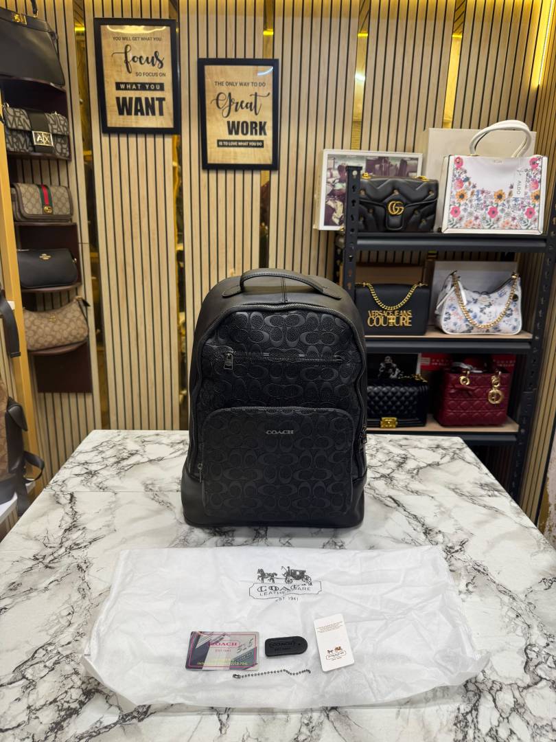 Coach Ethan Black Signature Embossed Leather Backpack with Front Zip Pockets & Dust Bag (888)