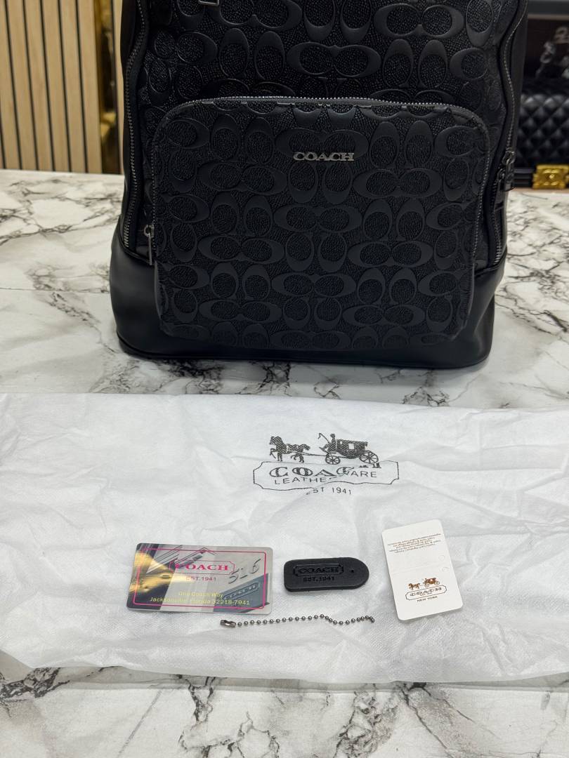 Coach Ethan Black Signature Embossed Leather Backpack with Front Zip Pockets & Dust Bag (888)