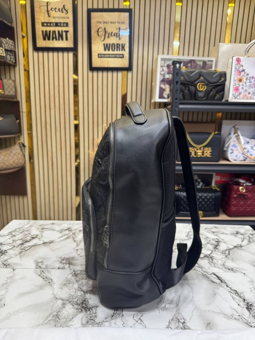 Coach Ethan Black Signature Embossed Leather Backpack with Front Zip Pockets & Dust Bag (888)