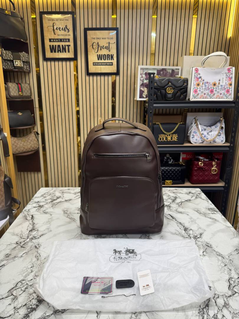 Coach Ethan Coffee Leather Backpack with Front Zip Pockets & Dust Bag (888)