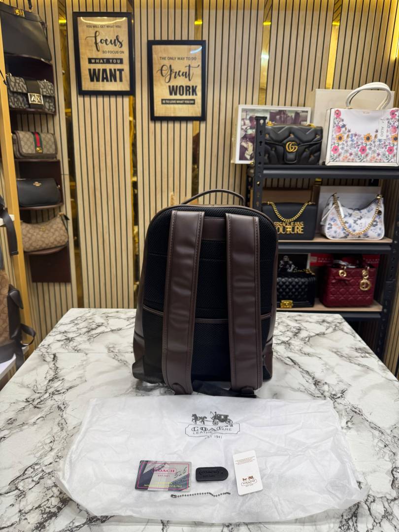 Coach Ethan Coffee Leather Backpack with Front Zip Pockets & Dust Bag (888)