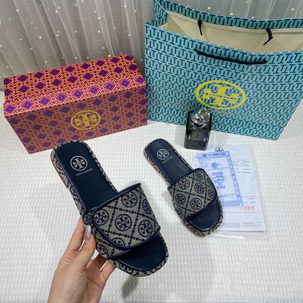 Tory Burch T Monogram Bubble Slide Sandal Jacquard Flat With OG Box & Carry Bag 456 23 Blue