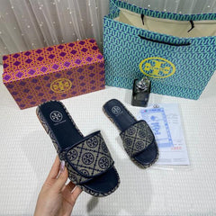 Tory Burch T Monogram Bubble Slide Sandal Jacquard Flat With OG Box & Carry Bag 456 23 Blue