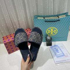 Tory Burch T Monogram Bubble Slide Sandal Jacquard Flat With OG Box & Carry Bag 456 23 Blue