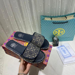 Tory Burch T Monogram Bubble Slide Sandal Jacquard Flat With OG Box & Carry Bag 456 23 Blue