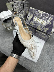 Christian Diyor JA diyor Slingback Transparent Mesh White Diyor Embroidery Flat With OG Box Dust Bag & Carry Bag