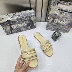 Christian Diyor D Lane Slide Beige Flats Openwork Microcannage Motif With OG Box & Carry Bag 1892 Beige