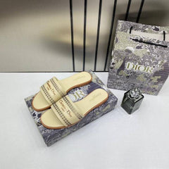 Christian Diyor D Lane Slide Beige Flats Openwork Microcannage Motif With OG Box & Carry Bag 1892 Beige