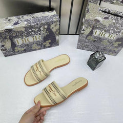 Christian Diyor D Lane Slide Beige Flats Openwork Microcannage Motif With OG Box & Carry Bag 1892 Beige