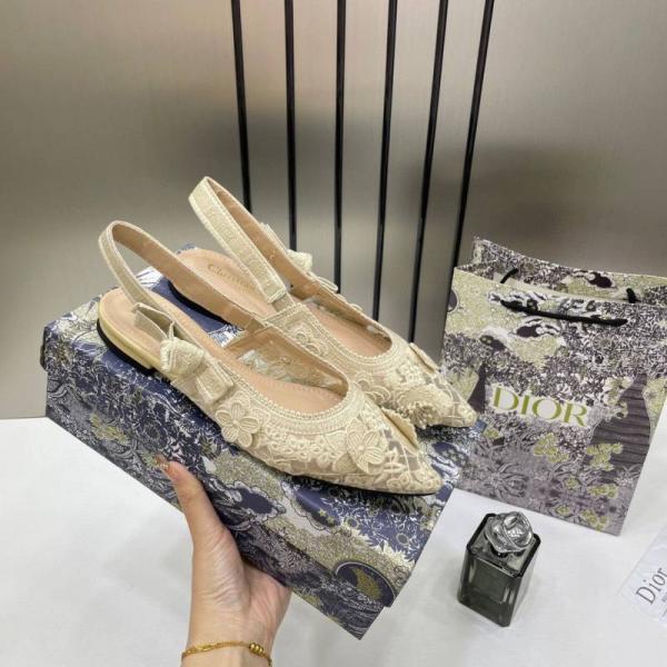 Christian Dior JA dior Slingback Transparent Mesh Beige Cream Dior Embroidery Flat With OG Box Dust Bag & Carry Bag