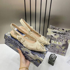 Christian Dior JA dior Slingback Transparent Mesh Beige Cream Dior Embroidery Flat With OG Box Dust Bag & Carry Bag
