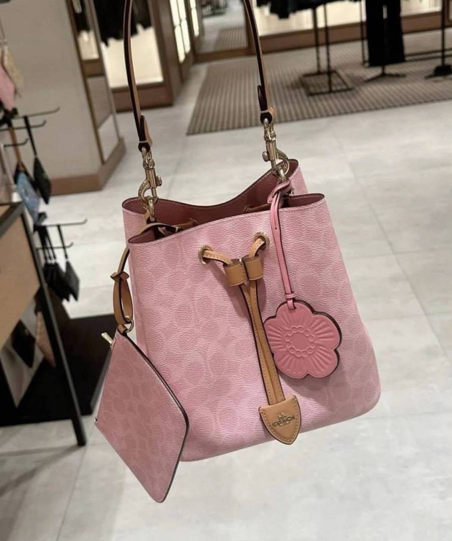 Coach Rowan Bucket Bag Signature Canvas with Charms in Powder Pink With OG Box Dust Cover Pink