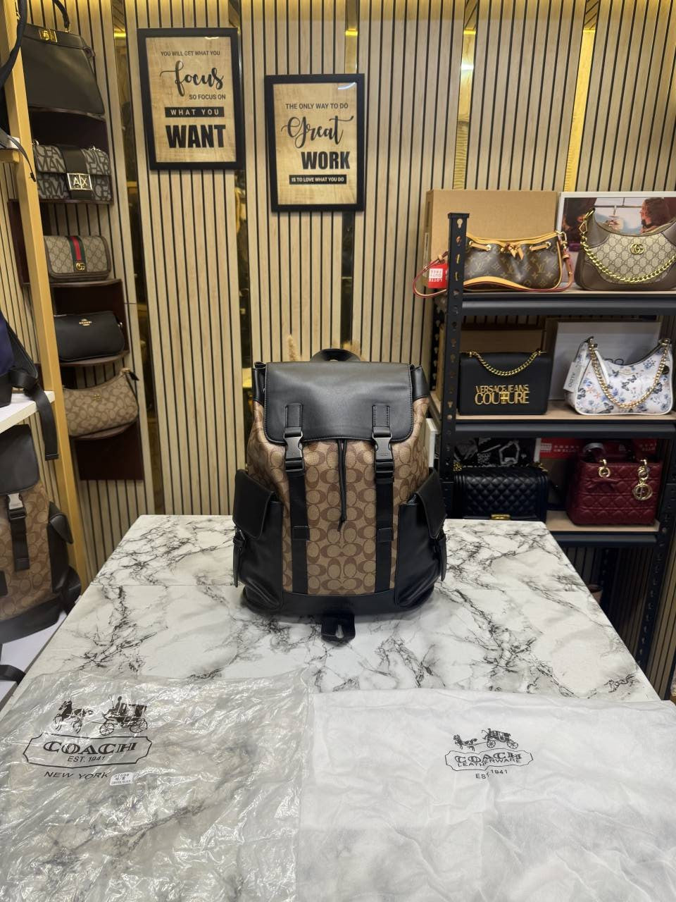 Coach Signature Canvas Backpack Apricot Black With Dust Bag 2759