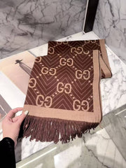Gucci GG Monogram Pattern Wool Blend Scarf Brown & Beige With Carry Bag G10
