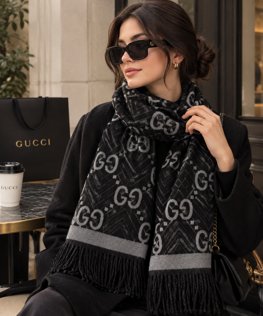 Gucci GG Monogram Chevron Pattern Wool Blend Scarf Black & Grey With Carry Bag G10