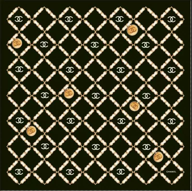 Chanel CC Logo Chain Link Silk Scarf Black With Carry Bag