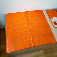 Hermes Pique Sellier Saddle Stitch Silk Scarf Shawl Orange With Carry Bag