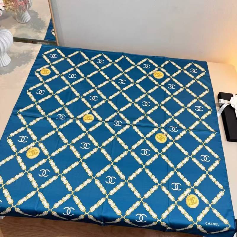 Chanel CC Logo Chain Link Silk Scarf Sky Blue With Carry Bag