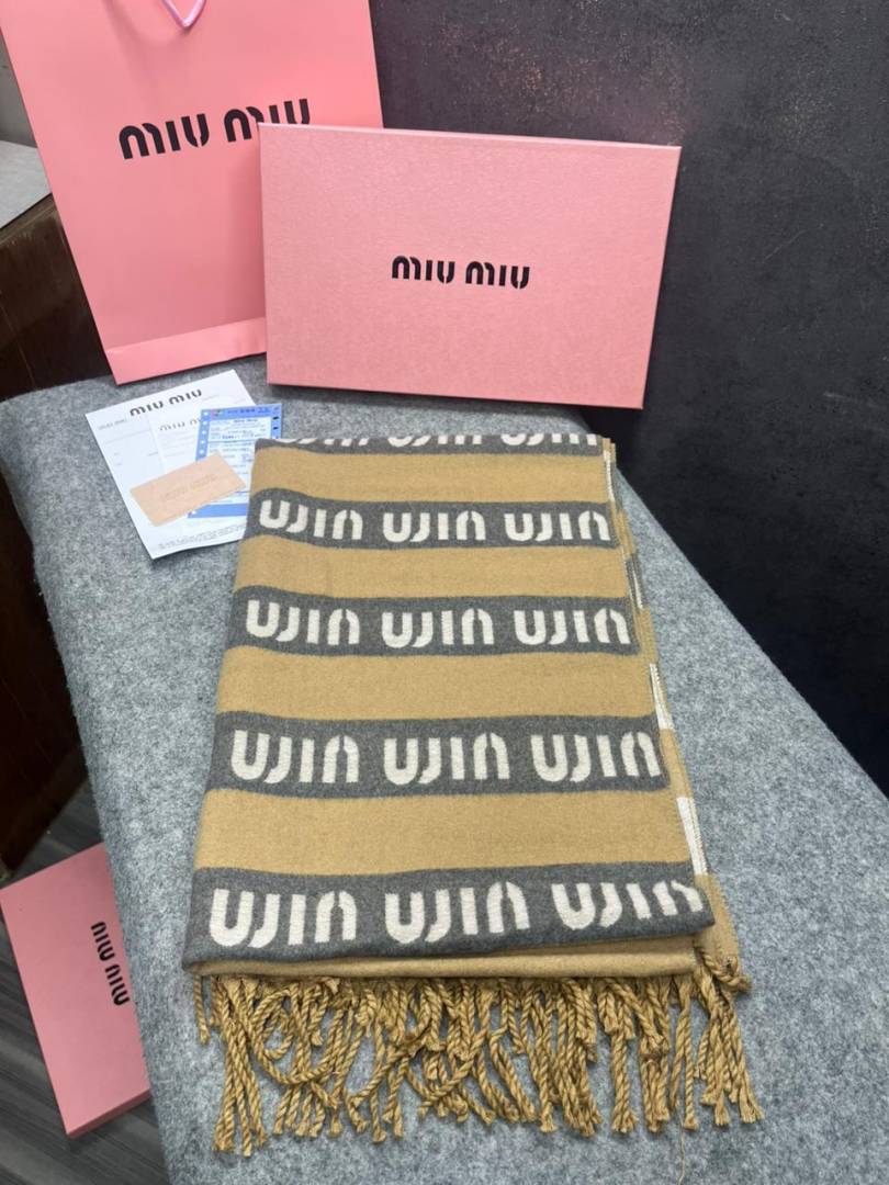 Miu Miu Monogram Wool Scarf Beige Cream Brown Accents With OG Box
