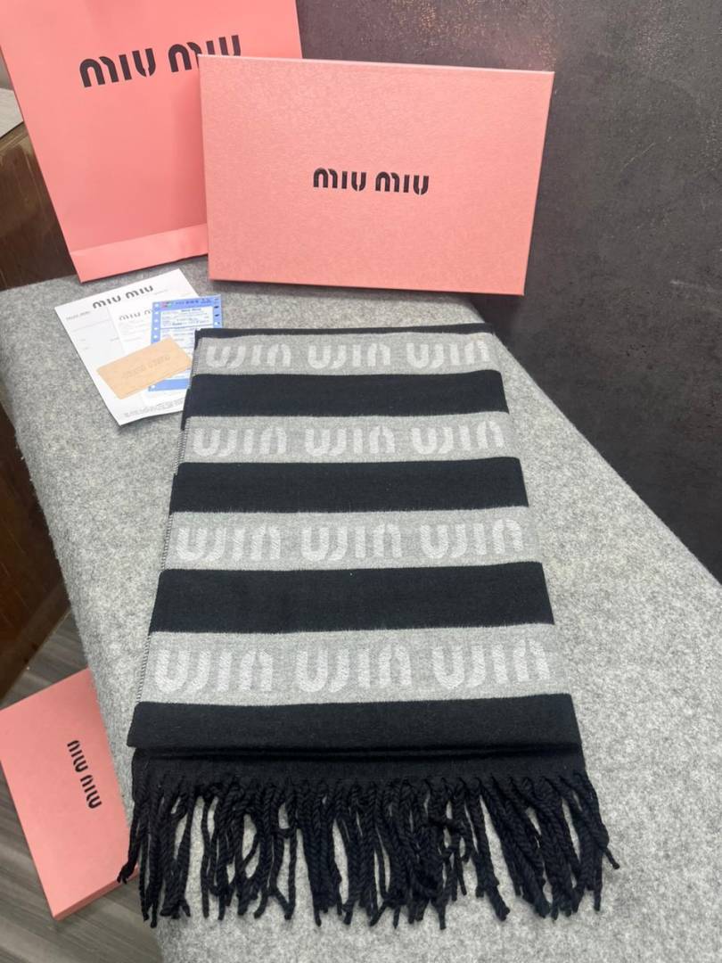 Miu Miu Monogram Wool Scarf Black Grey Accents With OG Box & Carry Bag