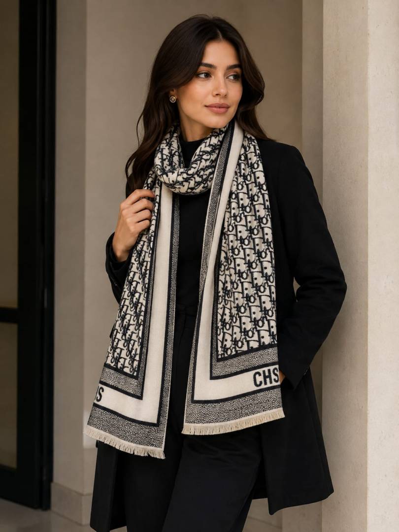 Christian Dior Oblique Monogram Pattern Wool Blend Scarf Black & White With Carry Bag