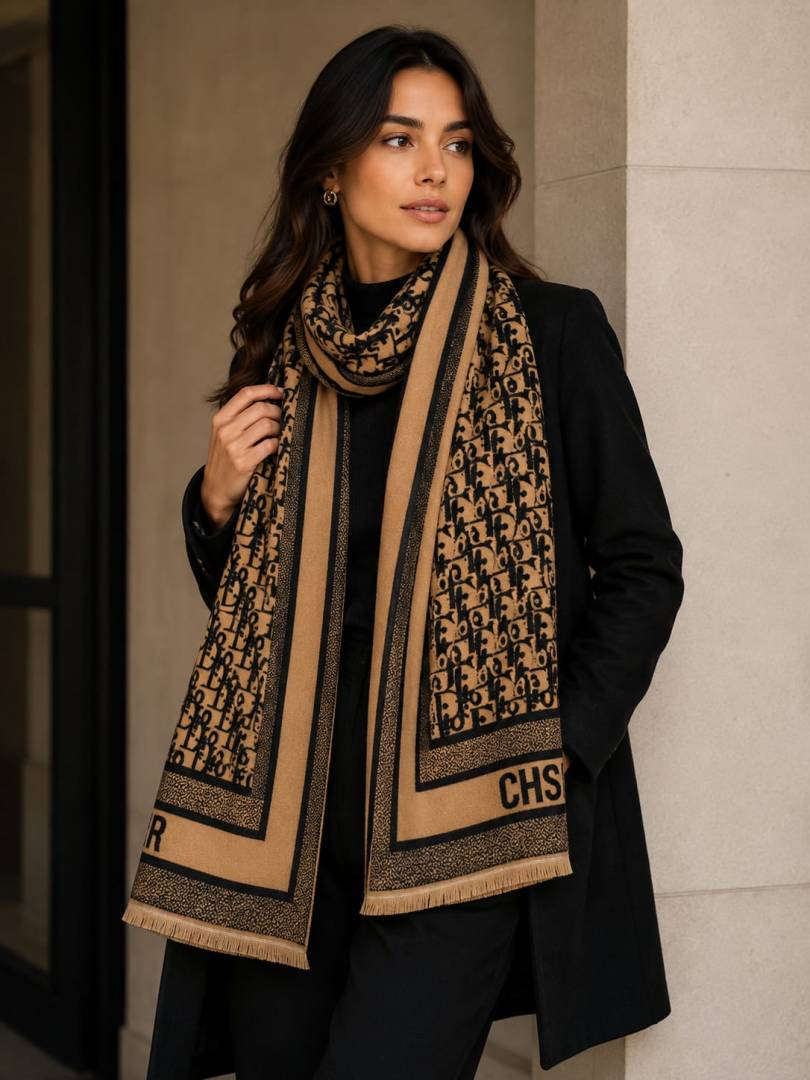 Christian Dior Oblique Monogram Pattern Wool Blend Scarf Black & Beige With Carry Bag