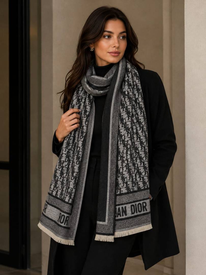 Christian Dior Oblique Monogram Wool Blend Scarf Grey & Black with Carry Bag