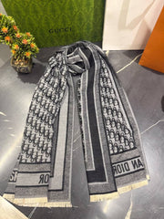Christian Dior Oblique Monogram Wool Blend Scarf Grey & Black with Carry Bag