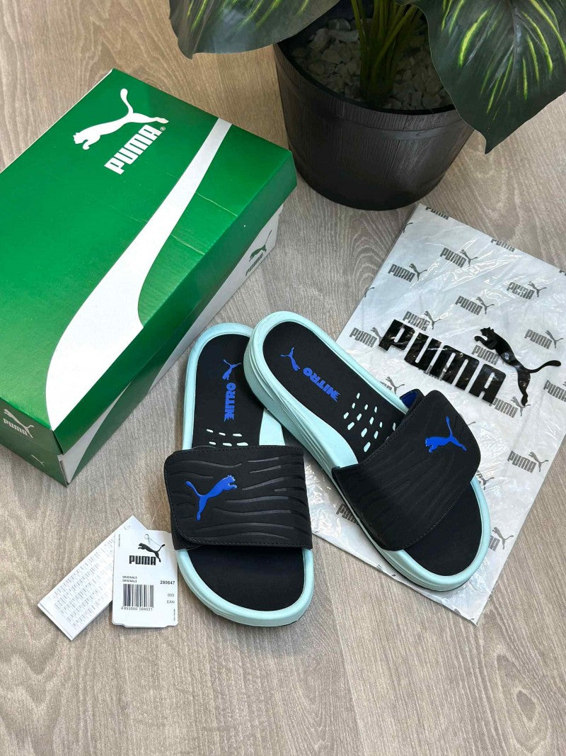 Puma Nitrocat V Adjust Comfort Premium Black Blue Ivory Glow Slides
