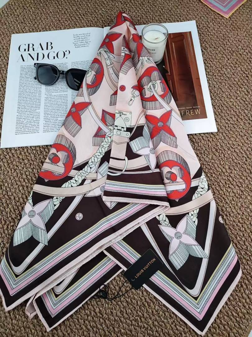 Louis Vuittion Monogram Print Silk Square Scarf With Carry Bag Pink & Brown