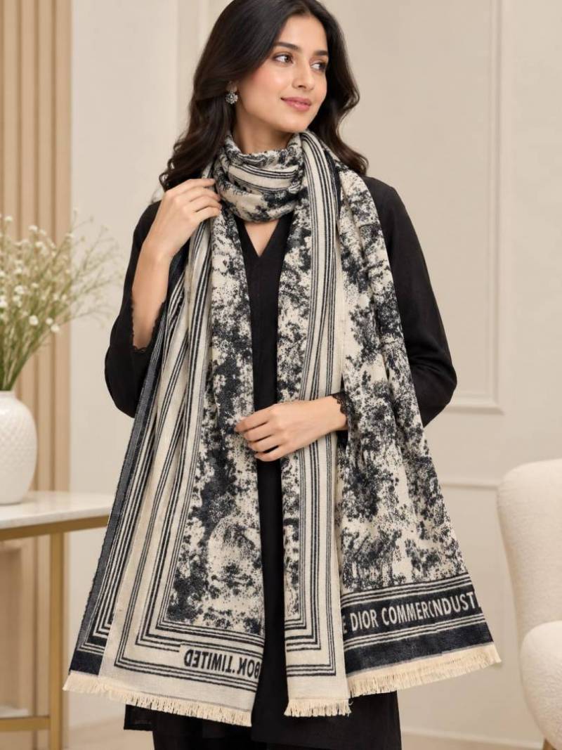 Dior Oblique Beige & Black Floral Print Wool Scarf With Carry Bag