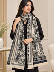 Dior Oblique Beige & Black Floral Print Wool Scarf With Carry Bag