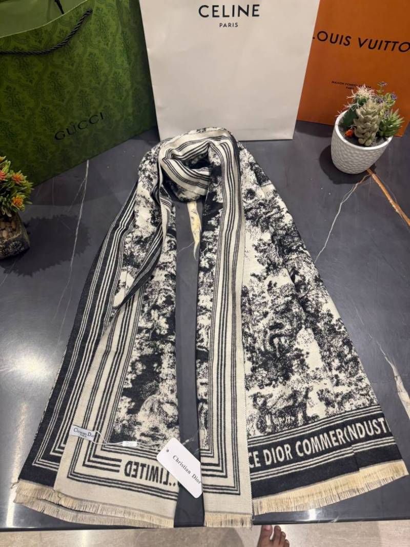 Dior Oblique Beige & Black Floral Print Wool Scarf With Carry Bag