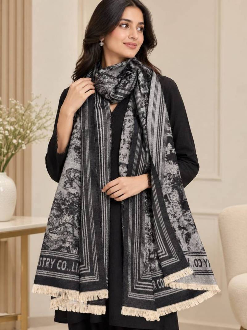Dior Oblique Grey & Blackior Oblique Grey & Black Floral Print Wool Scarf With Carry Bag
