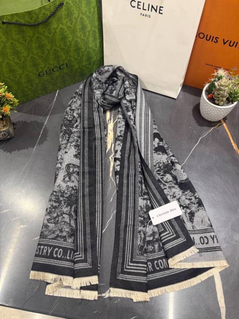 Dior Oblique Grey & Blackior Oblique Grey & Black Floral Print Wool Scarf With Carry Bag