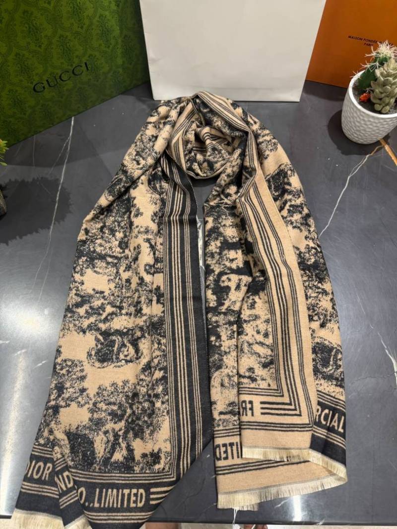 Dior Oblique Camel & Black Floral Print Wool Scarf With Carry Bag