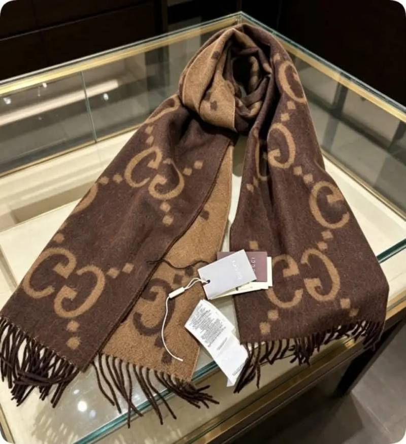 Gucci GG Monogram Brown & Camel Reversible Wool Scarf With Carry Bag