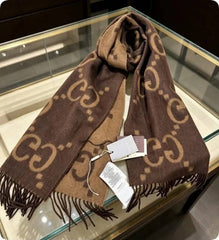 Gucci GG Monogram Brown & Camel Reversible Wool Scarf With Carry Bag