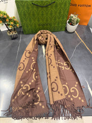 Gucci GG Monogram Brown & Camel Reversible Wool Scarf With Carry Bag