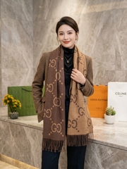 Gucci GG Monogram Brown & Camel Reversible Wool Scarf With Carry Bag