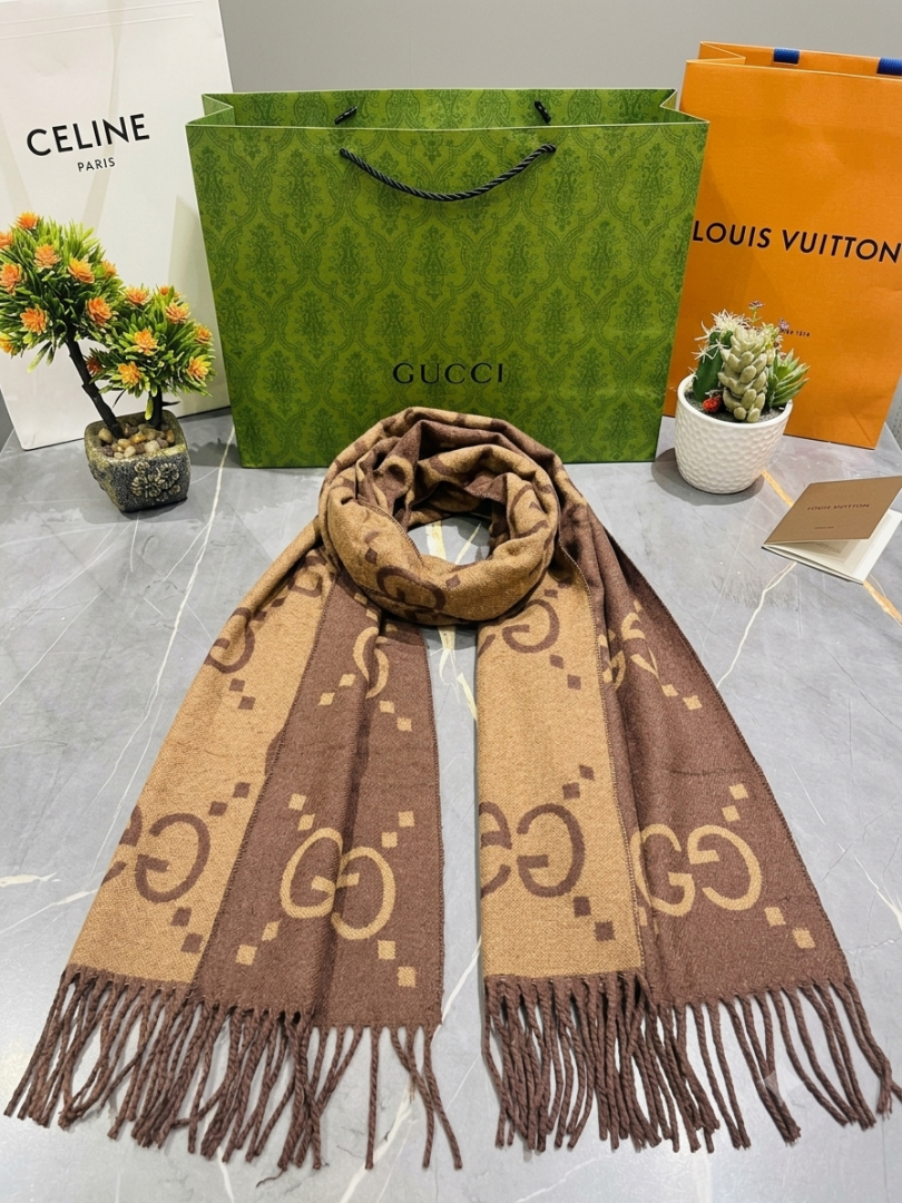 Gucci GG Monogram Brown & Camel Reversible Wool Scarf With Carry Bag