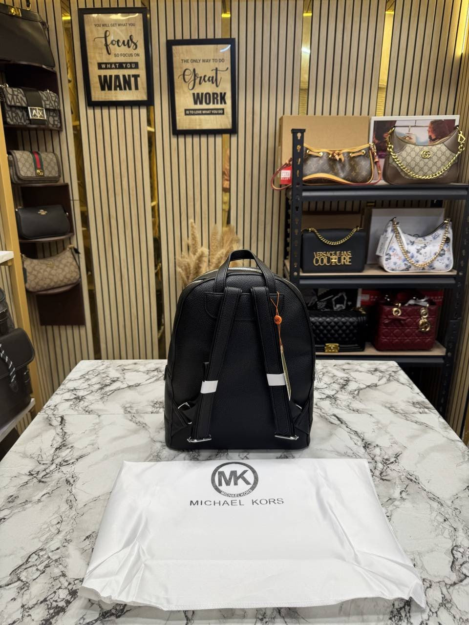 Michael Kors Black Leather Backpack with OG Dust Bag 16111