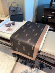 YSL Monogram Pattern Wool Blend Scarf Black & Brown With Carry Bag
