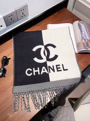 Chanel CC Logo Two-Tone Black & White Wool Blend Scarf With Carry Bag
