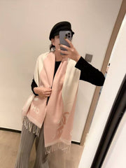 Chanel CC Logo Two-Tone Pink & Cream Wool Blend Scarf With Carry Bag
